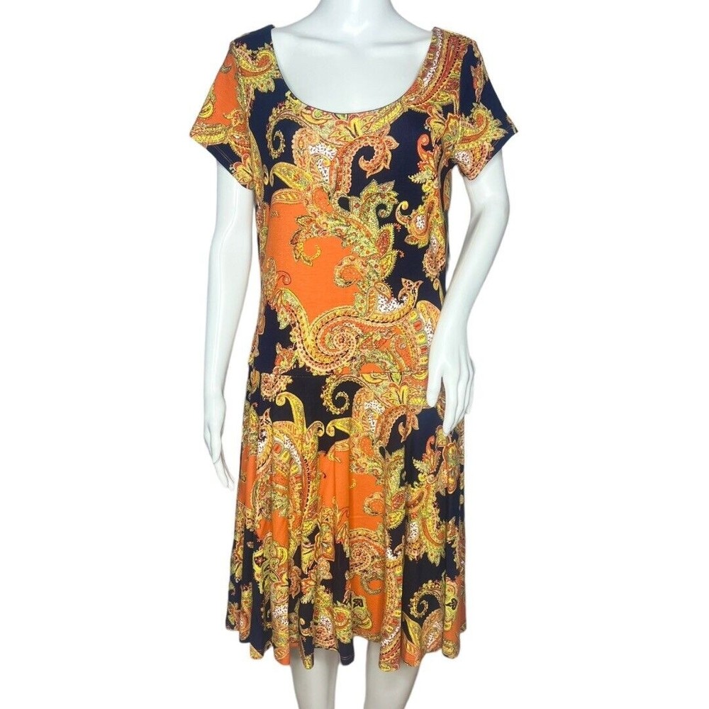 Lauren Ralph Lauren Fit & Flare Dress Orange Yellow Paisley Short Sleeve Size L